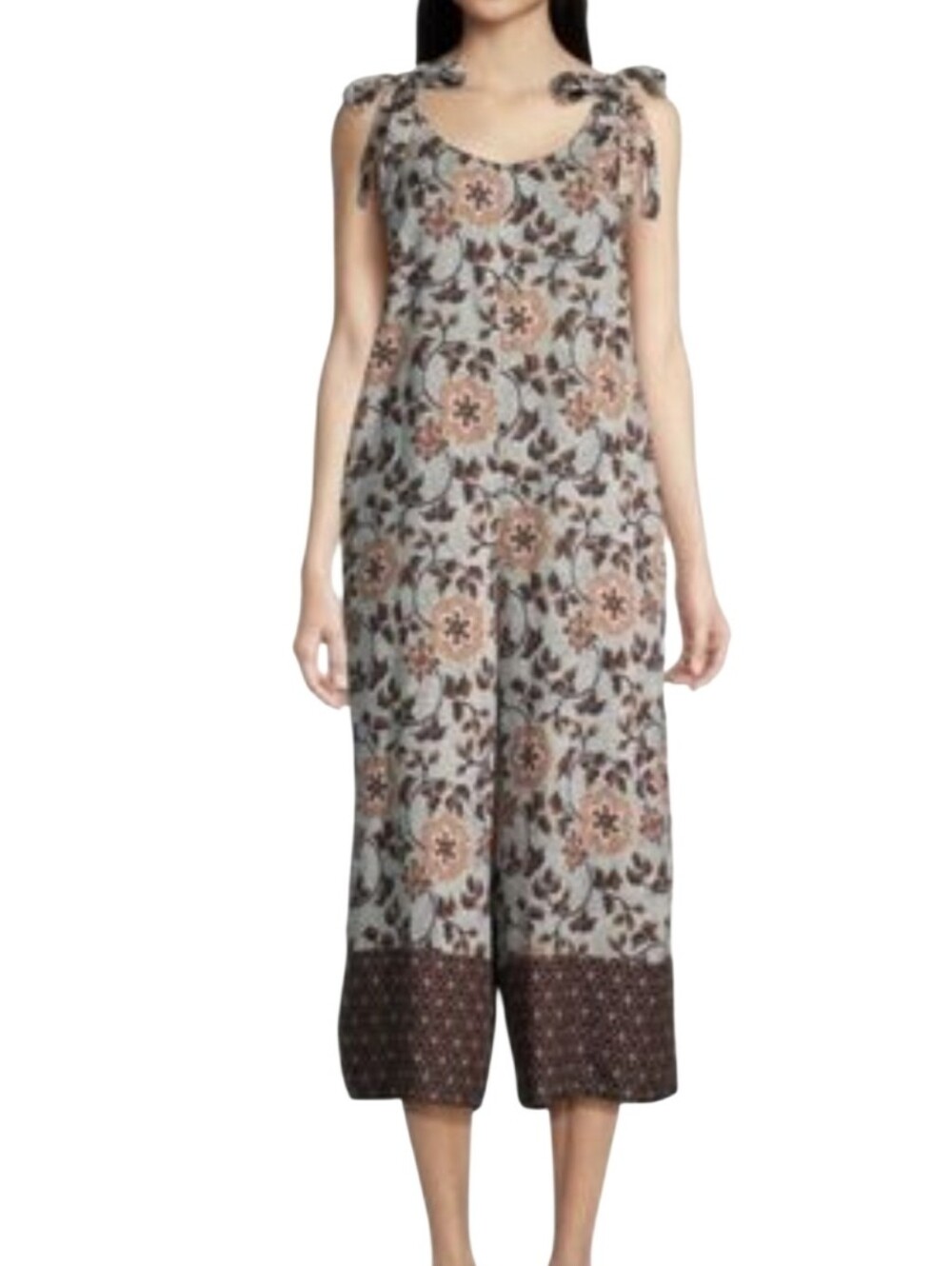 World Market Isabella Peach/Brown Floral Pajama Jumpsuit With Pockets Size S/M